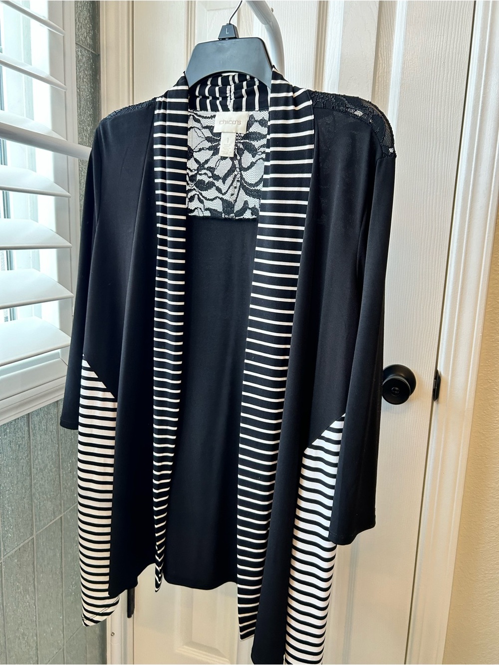Chico's Black Open-Front Cardigan with Black-and-White Stripe Trim